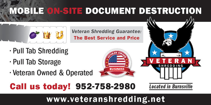 A banner advertising a pull tab shredding and storage service for Veteran Shredding.