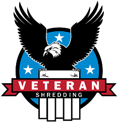 Veteran Shredding logo featuring an eagle with stars, holding a shredding paper and banner text.