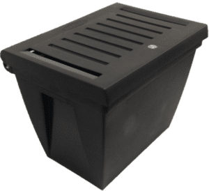 Black resin under-desk container with secure lid for paper waiting to be shredded