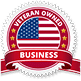 Veteran Owned Business badge with American flag and red ribbon.